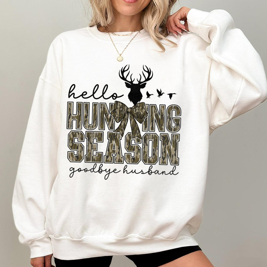 Hello Hunting Season Goodbye Husband Sweatshirt | Camo Coquette Bow Graphic | Premium Cotton Blend | Funny Deer Hunter Wife Gift for Her