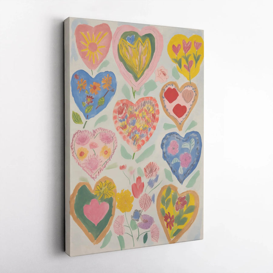 Floral Hearts Canvas Wall Art | Colorful Folk Art Painting | Premium Gallery-Wrapped Print | Romantic Boho Home Decor Gift
