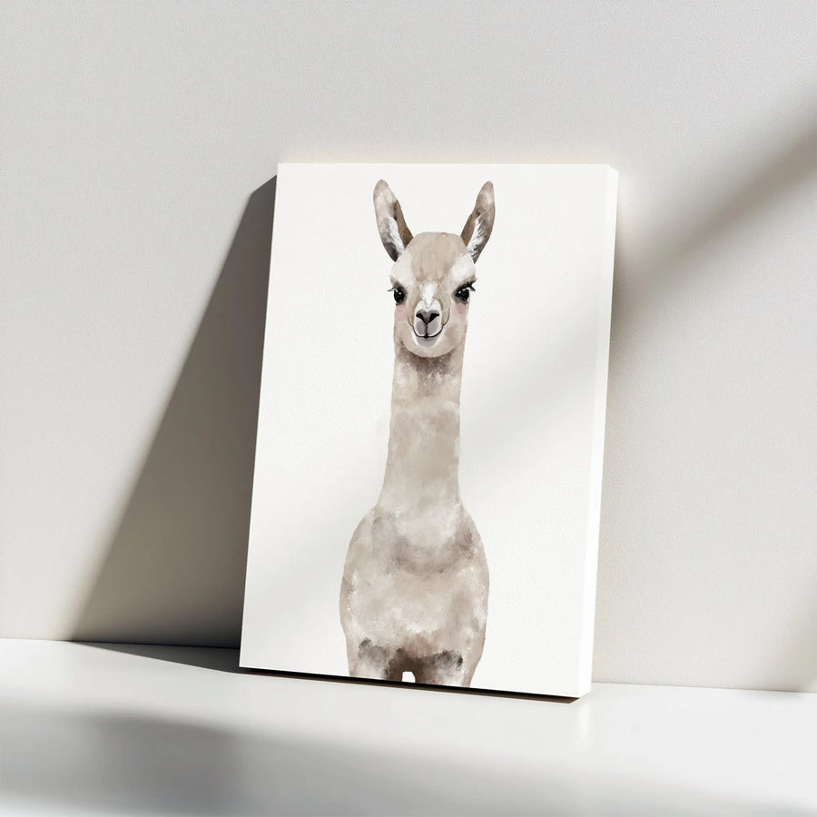 Cute Llama Vertical Canvas | Watercolor Animal Portrait | Premium Gallery Canvas | Nursery Wall Decor Gift