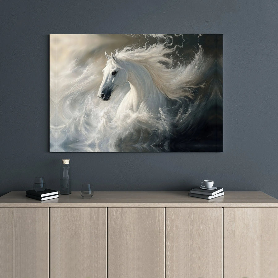 Majestic White Horse Wall Art | Ethereal Ocean Waves Canvas Print | 1.25 Inch Gallery Wrap | Elegant Nature Decor for Living Room