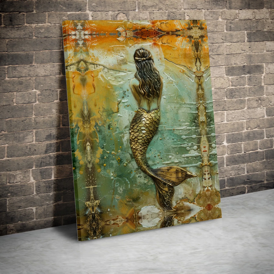 Mermaid Wall Art Canvas | Abstract Golden Tail Design | Premium Gallery Wrap Print | Coastal Home Decor Gift for Ocean Lovers