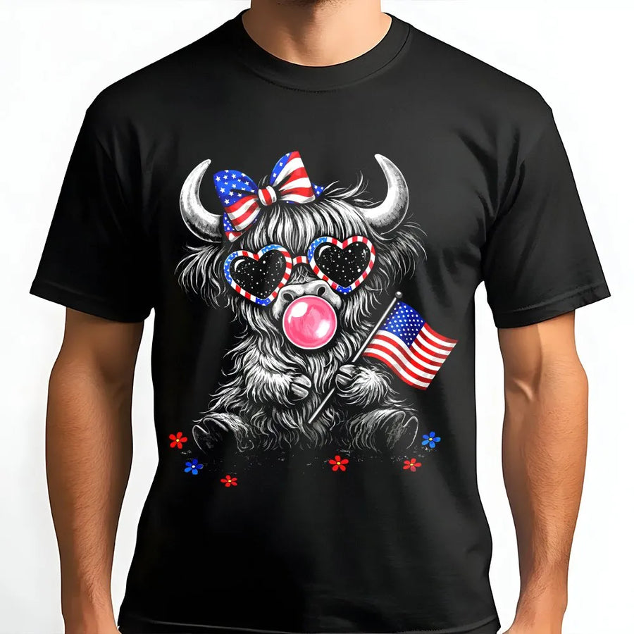 4th of July Highland Cow T-Shirt | Patriotic American Flag Cowgirl Graphic | Premium Soft Pullover | USA Western Gift for Her