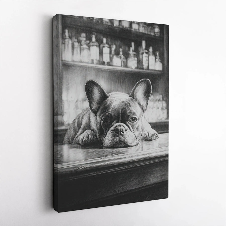 French Bulldog Canvas Wall Art | Black and White Pencil Sketch Print | Premium Gallery Wrapped Canvas | Collector's Gift for Frenchie Owner, Home Bar Decor