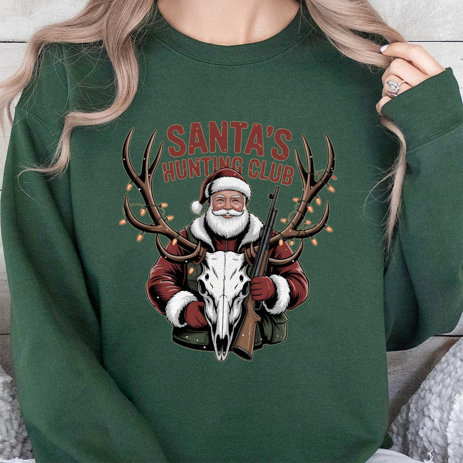 Santa’s Hunting Club Sweatshirt | Funny Christmas Deer Skull Graphic | Premium Cotton Blend | Gift for Hunters and Outdoorsmen