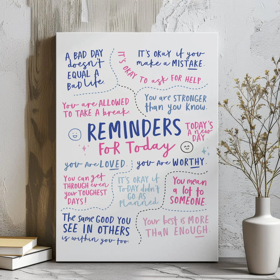 Reminders For Today Wall Art | Positive Affirmation Quote Canvas | Gallery-Wrapped Premium Decor | Mental Health Gift For Her & Him