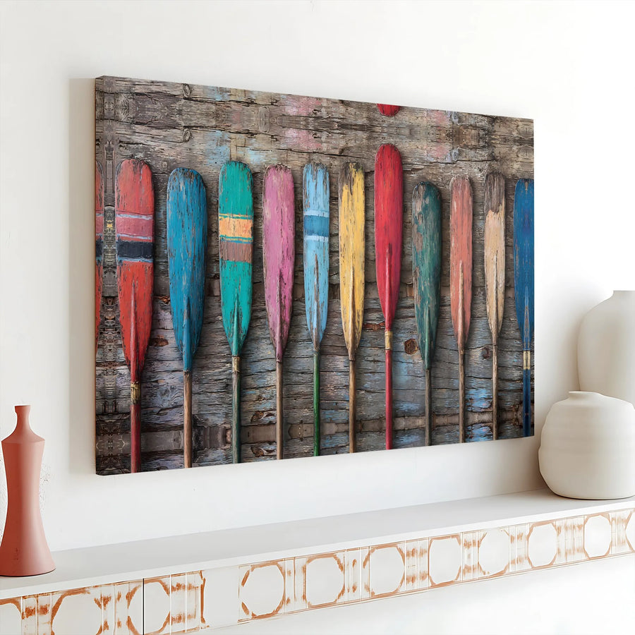 Colorful Paddles Canvas Wall Art | Rustic Row of Weathered Oars Print | Premium 1.25" Gallery Wrap | Coastal Lake House Decor Gift