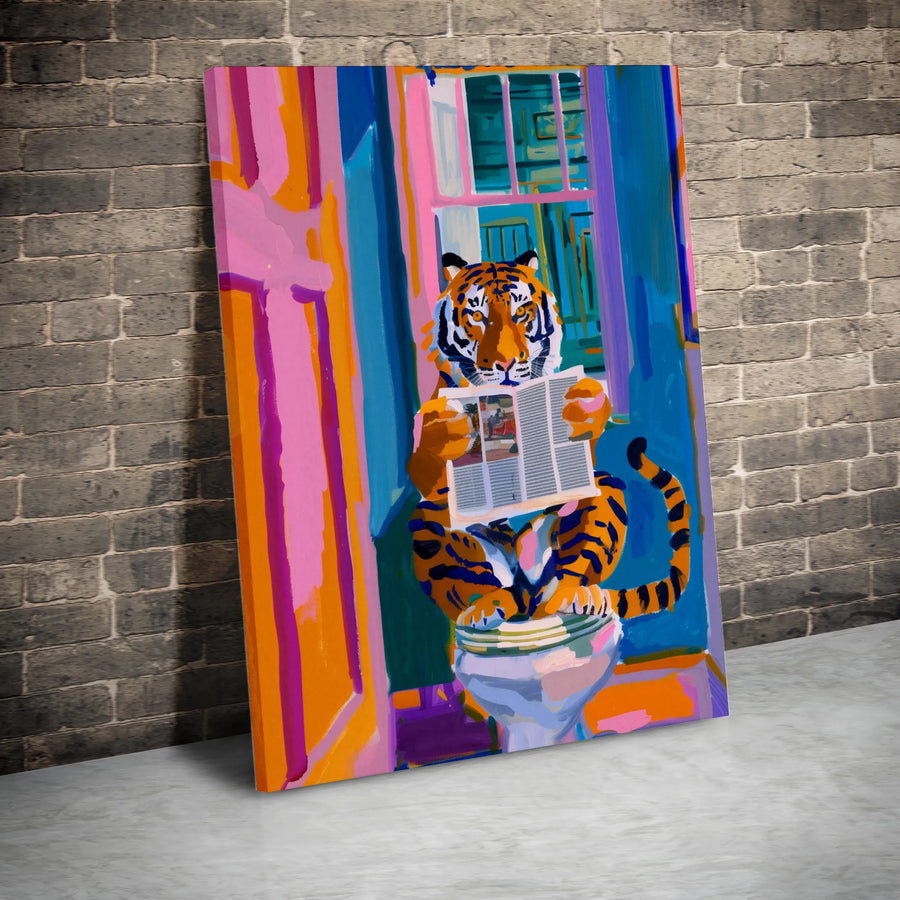 Tiger on Toilet Canvas Print | Funny Abstract Animal Art | Premium Gallery Wrapped Canvas | Unique Bathroom Decor Gift