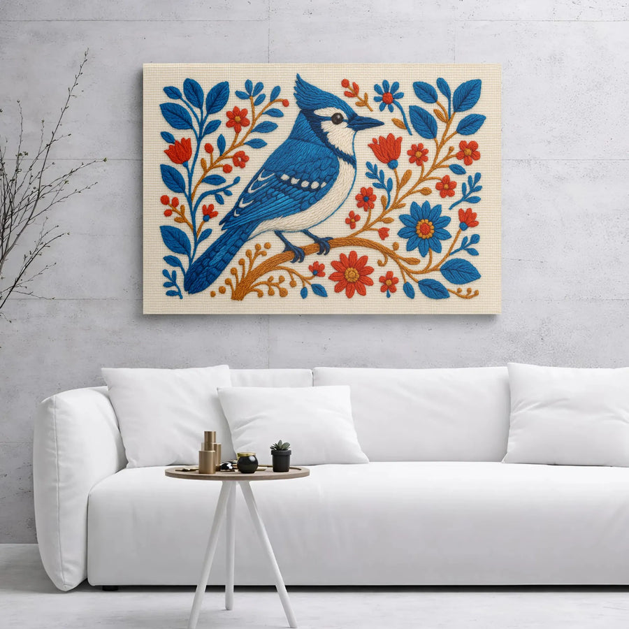 Blue Jay Wall Art Canvas | Folk Art Floral Bird Illustration | Gallery Wrap 1.25 Inch Wood Frame | Nature Lover Home Decor Gift