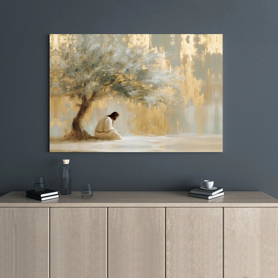 Jesus Praying Under Olive Tree Wall Art | Gold Abstract Religious Canvas | Premium Gallery Wrapped Decor | Christian Home Gift For Believers