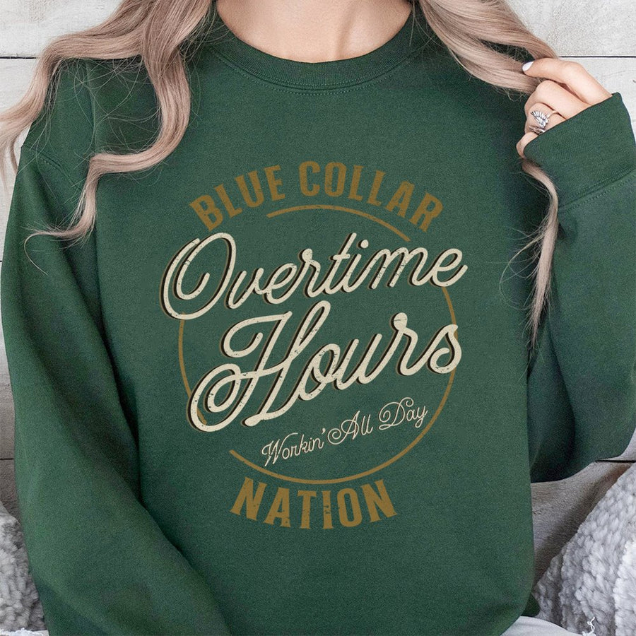 Blue Collar Sweatshirt | Overtime Hours Nation Graphic | Cotton Blend Premium Crewneck | Gift For Lineman Trucker Worker