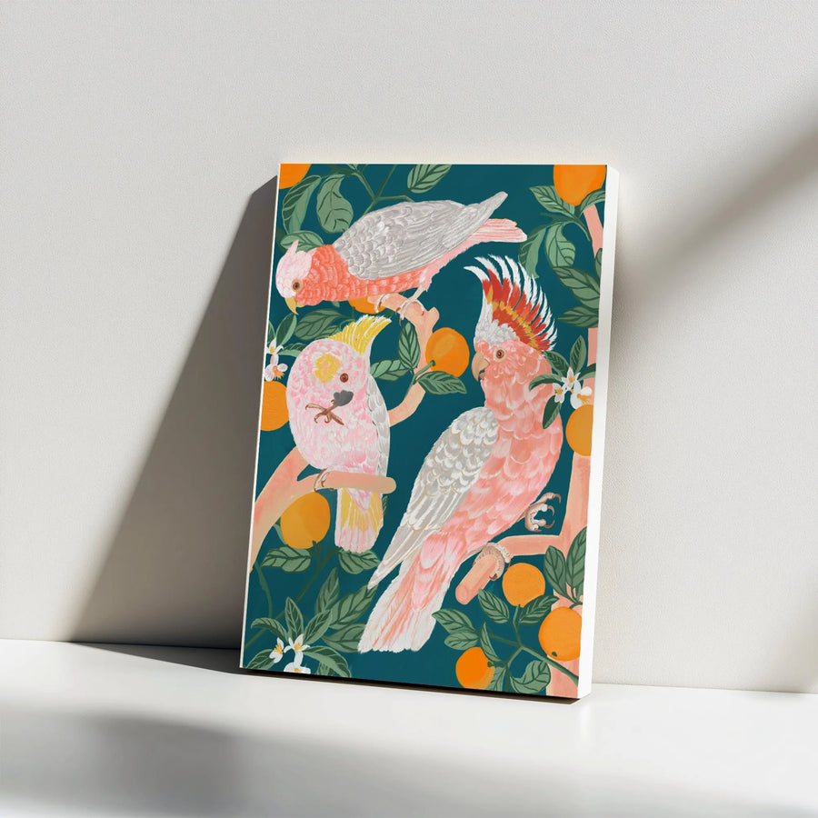 Tropical Parrot Vertical Canvas | Vintage Pink Cockatoo and Orange Tree Illustration | Premium Gallery Wrapped Print | Gift for Bird Lover