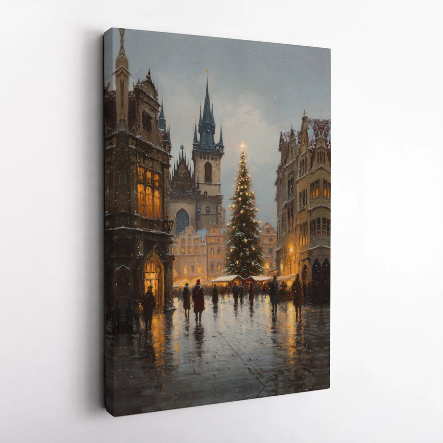 Prague Christmas Market Canvas Wall Art | Snowy Old Town Square Painting | Gallery Quality 1.25" Profile | Holiday Home Decor Gift