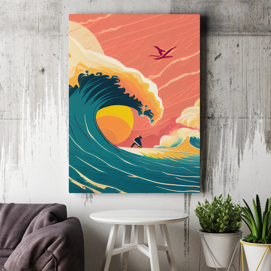 Sunset Surfing Vertical Canvas | Retro Ocean Wave Illustration | Premium Gallery Wrap Canvas | Gift for Surfer and Beach Lover