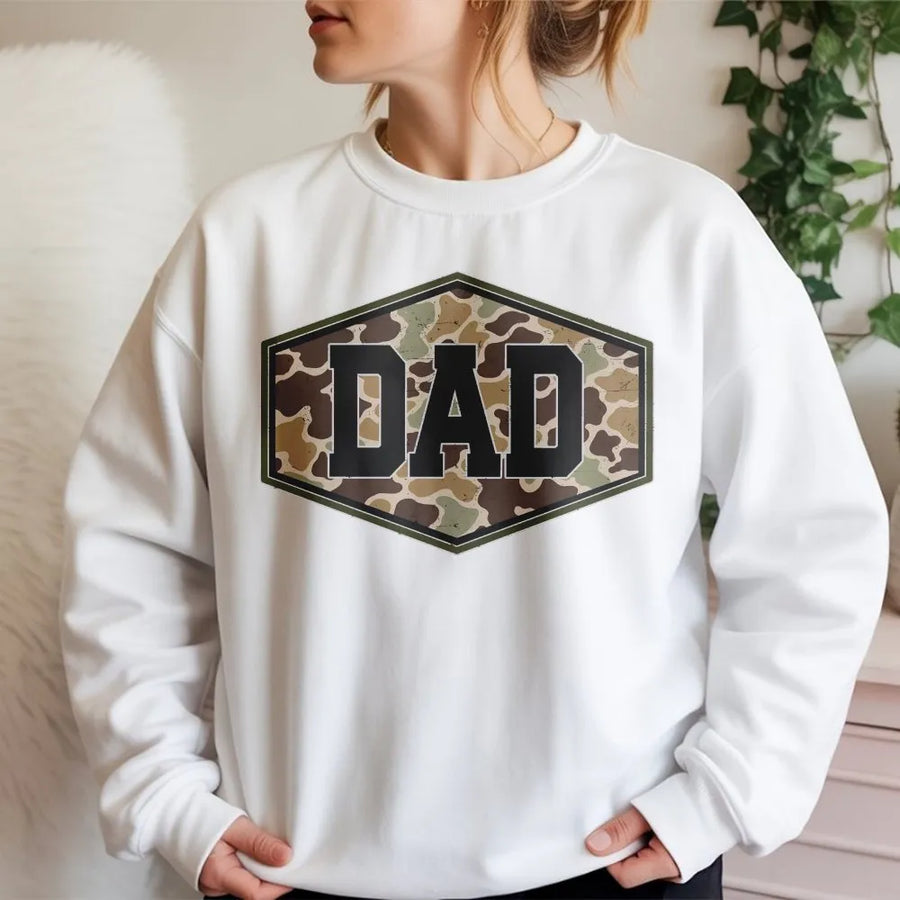 Camo Dad Sweatshirt | Distressed Varsity Camouflage Graphic | Premium Cotton Tee | Fathers Day Gift for Hunter Dad