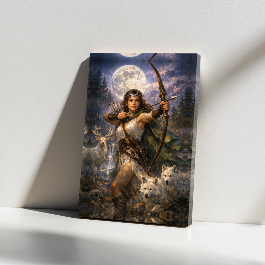 Moon Goddess Canvas Wall Art | Fantasy Huntress Archer with Wolves | Premium Thick Gallery Wrap Canvas | Mythological Home Decor Gift