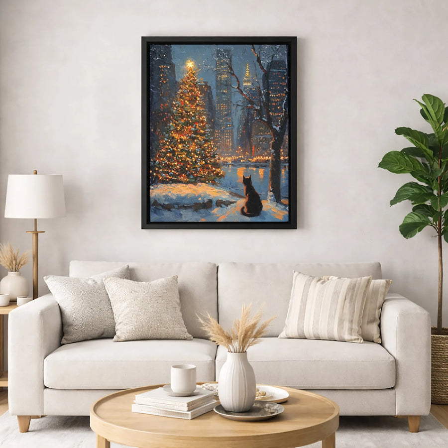 Black Cat Christmas Canvas Art | NYC Winter Snow Impressionist Painting | 1.25 Inch Gallery Wrap Print | Festive Holiday Wall Decor for Cat Lovers
