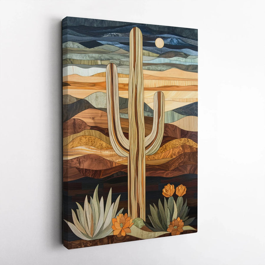 Saguaro Cactus Desert Wall Art | Southwestern Wood Inlay Aesthetic Canvas | Premium Gallery-Wrapped Print | Modern Home & Office Decor Gift