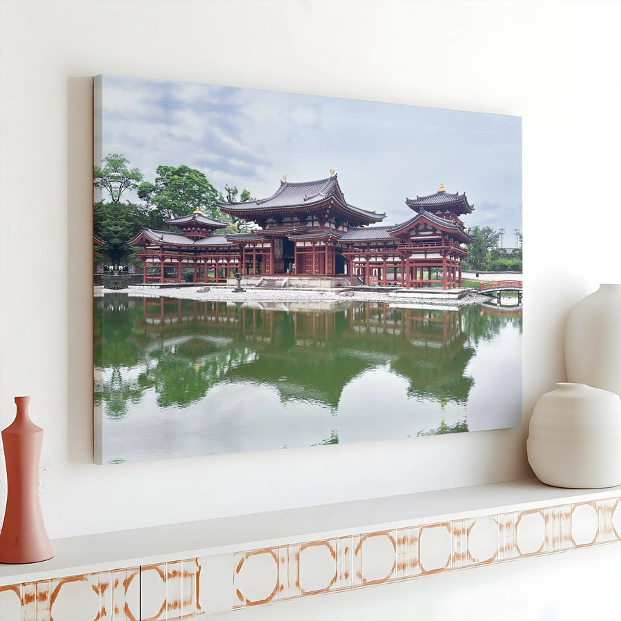Japanese Byodo-In Temple Canvas Wall Art | Zen Buddhist Shrine Pond Reflection | Premium Gallery Wrap Print | Peaceful Asian Home Decor