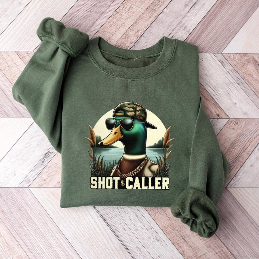 Shot Caller Duck Sweatshirt | Funny Mallard Hunting Graphic Tee | Premium Cotton Blend Unisex Pullover | Unique Gift for Hunters & Outdoorsmen