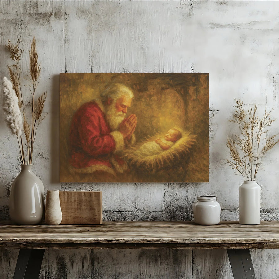 Kneeling Santa Praying Over Baby Jesus Canvas | Religious Christmas Wall Art | Premium Gallery Wrapped Print | Holiday Home Decor Gift