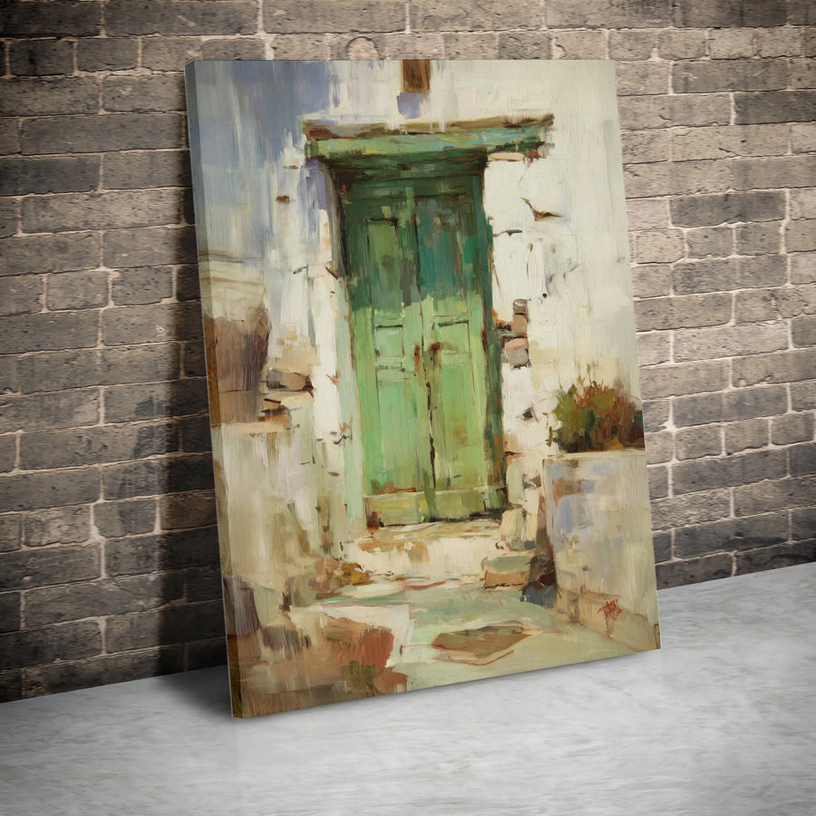 Rustic Green Door Canvas Wall Art | Impressionist Painting Print | Thick Gallery Wrapped Canvas | Farmhouse & Country Home Decor Gift