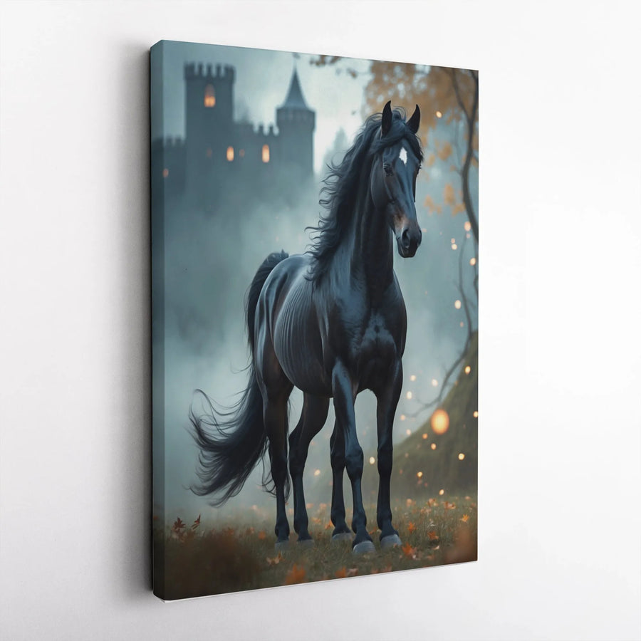 Black Horse Wall Art | Gothic Misty Castle Forest Canvas Print | Premium Fade-Resistant Gallery Wrap | Moody Equestrian Home Decor Gift