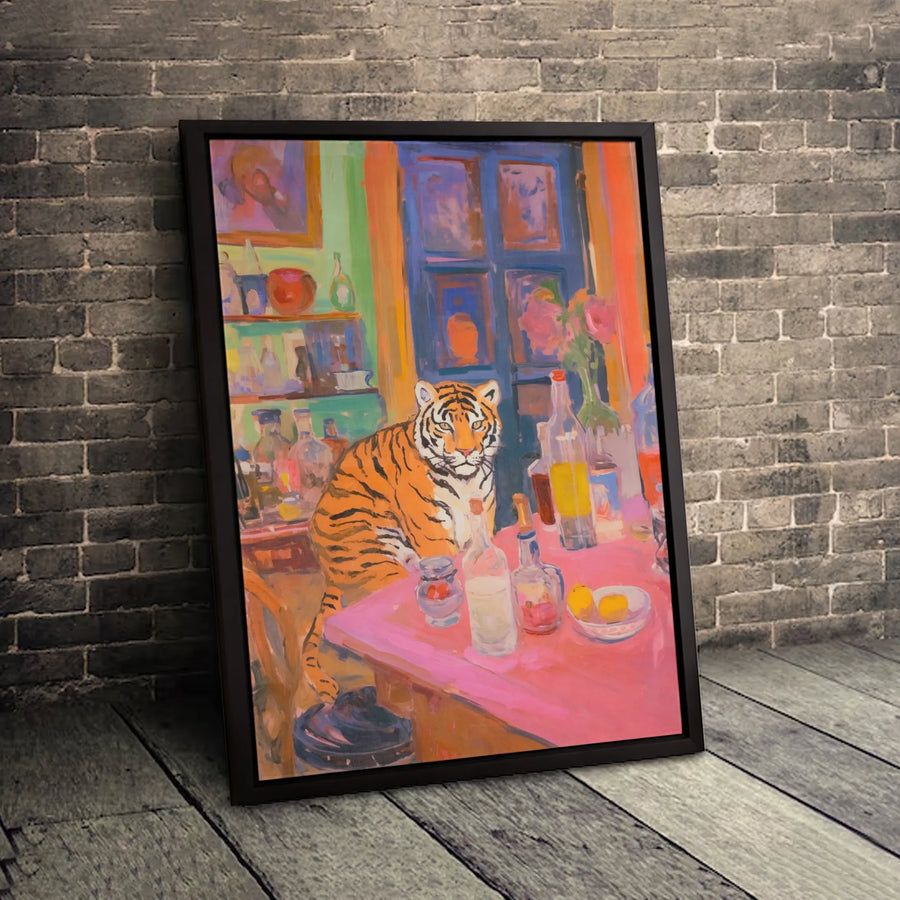 Tiger Bar Painting Canvas Art | Whimsical Colorful Tiger Sitting At Table | Gallery-Wrapped Premium Print | Unique Animal Lover Home Decor Gift