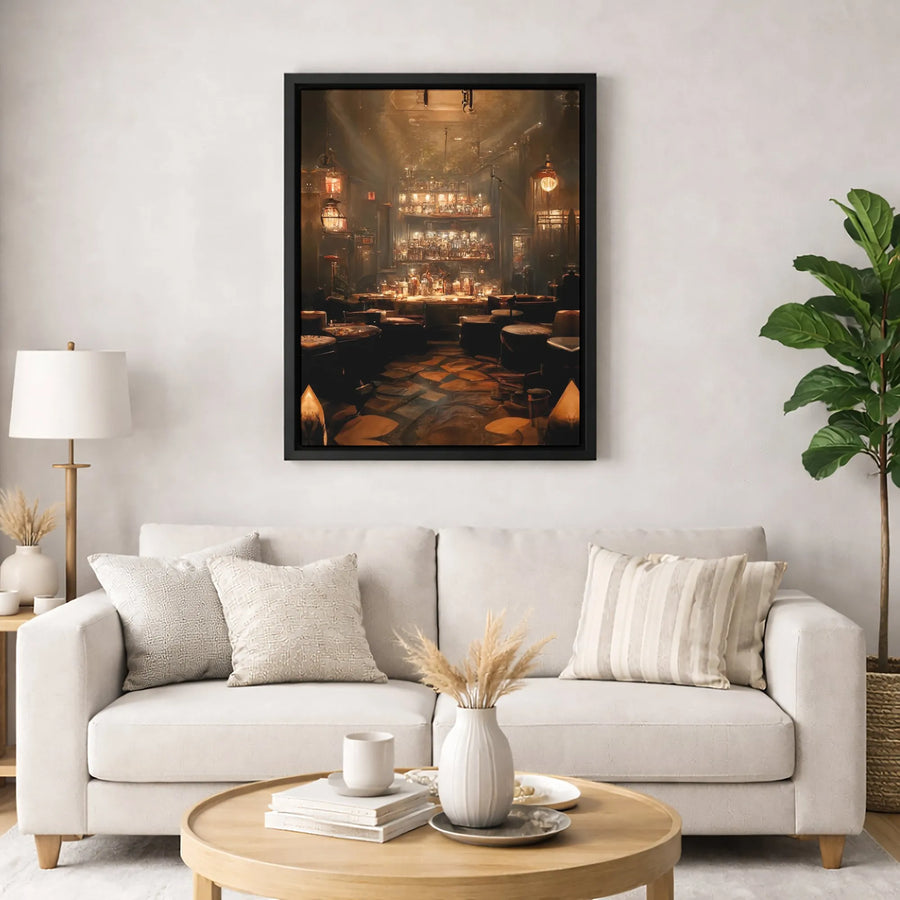 Speakeasy Bar Wall Art | Moody Vintage Pub Interior with Lanterns | Premium Gallery-Wrapped Canvas Print | Sophisticated Home Decor Gift