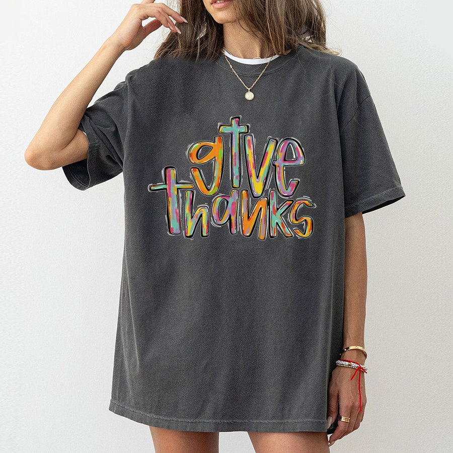 Give Thanks Cross T-Shirt | Colorful Brushstroke Faith Graphic | 100% Cotton Premium Tee | Christian Religious Gift for Women and Men
