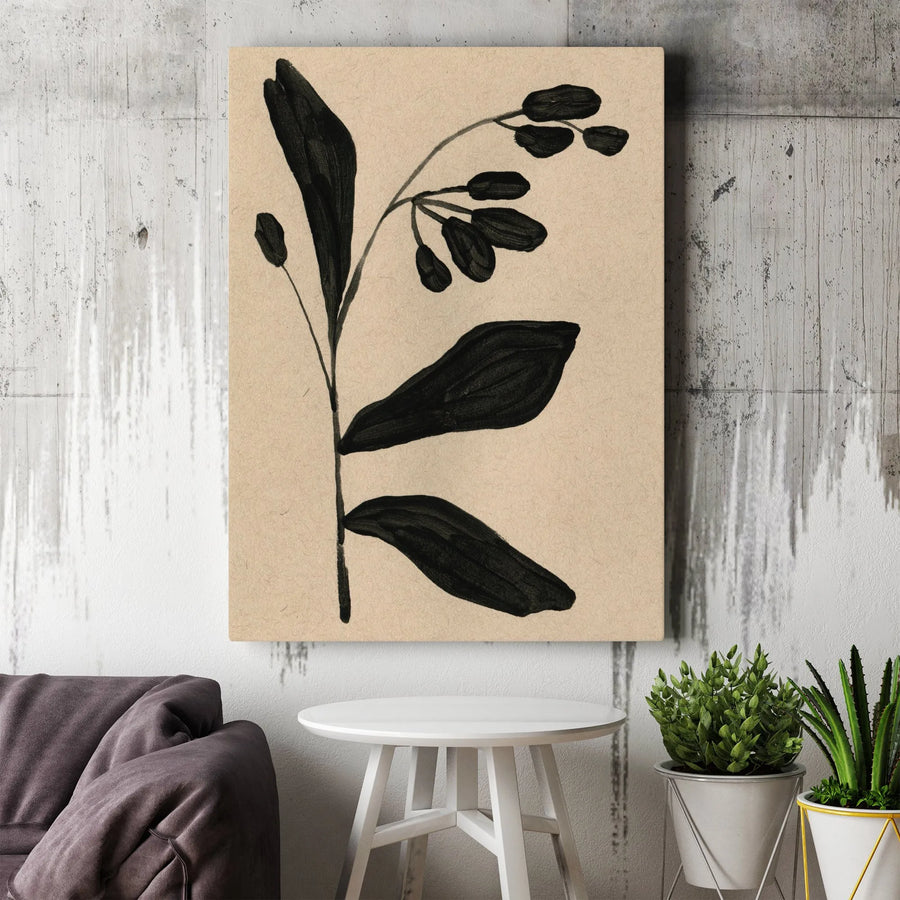 Minimalist Botanical Canvas Wall Art | Black Ink Plant Illustration on Textured Paper | Premium 1.25" Thick Profile | Modern Home Decor Gift