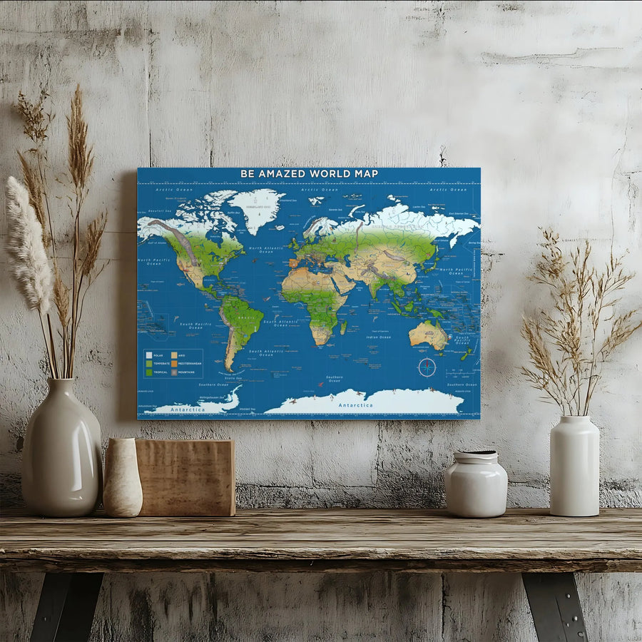 World Map Wall Art Canvas | Educational Climate Zones Geography Decor | Premium Gallery Wrap Print | Office or Classroom Wall Decor Gift