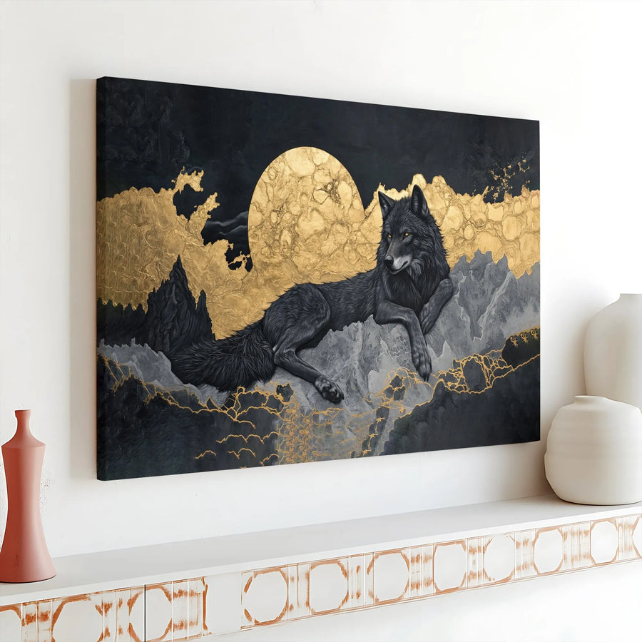 Majestic Black Wolf Canvas Print | Golden Moon & Mountain Landscape | Premium Gallery Wrapped Canvas | Modern Wildlife Home Decor Gift