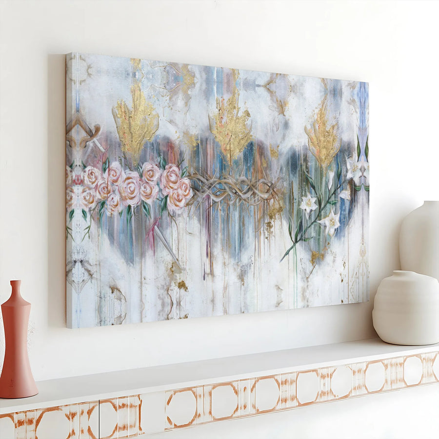 Three Sacred Hearts Canvas Wall Art | Modern Catholic Religious Painting | Premium Thick Gallery Wrap | Christian Home Decor Gift for Family