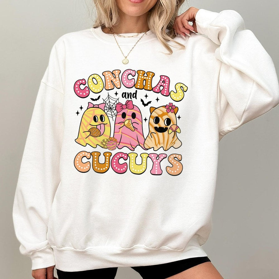 Conchas and Cucuy Halloween Sweatshirt | Cute Mexican Ghost Graphic Tee | Premium Cotton Blend Crewneck | Funny Latinx Fall Gift for Her