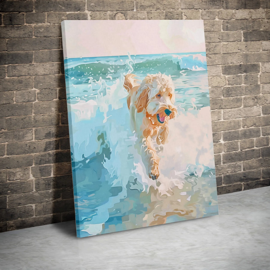 Goldendoodle at the Beach Canvas Print | Watercolor Style Dog Art | Premium 1.25" Thick Gallery Canvas | Gift for Dog Lover & Coastal Home Decor