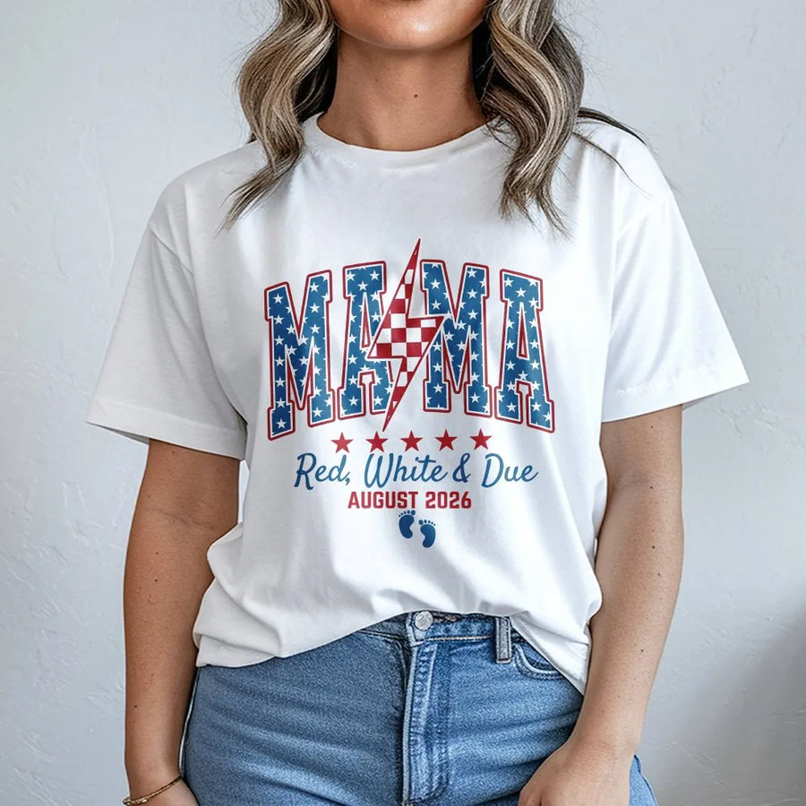 Red White and Due Mama Shirt | Patriotic 4th of July Baby Reveal Tee | Soft Cotton Graphic Top | Gift for Expecting Mom