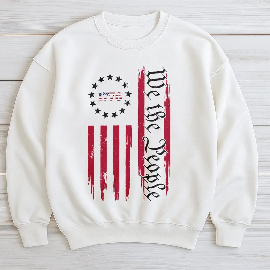 We The People 1776 Sweatshirt | Vintage Distressed Vertical USA Flag | Premium Cotton Blend | Patriotic 4th of July Gift for Men