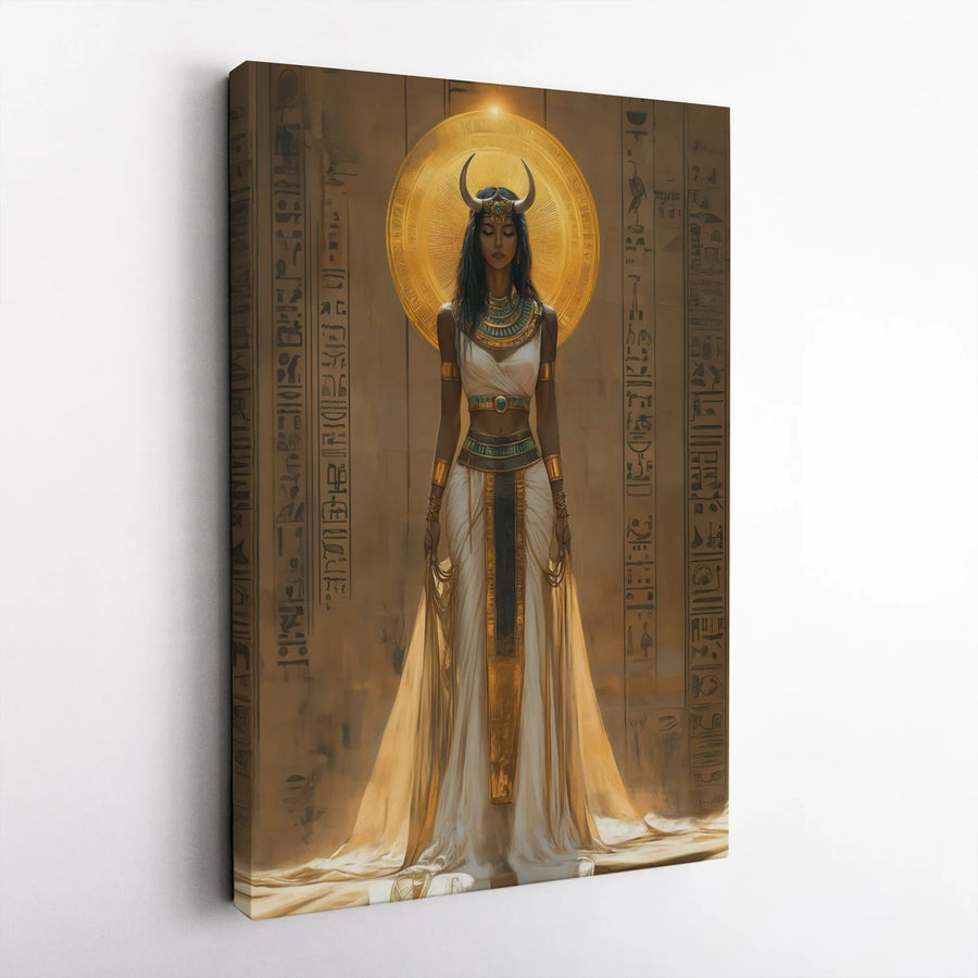 Ancient Egyptian Goddess Hathor Canvas Wall Art | Golden Sun Disk & Hieroglyphics Print | Premium Gallery-Wrapped 1.25" Profile | Elegant Mythology Home Decor Gift