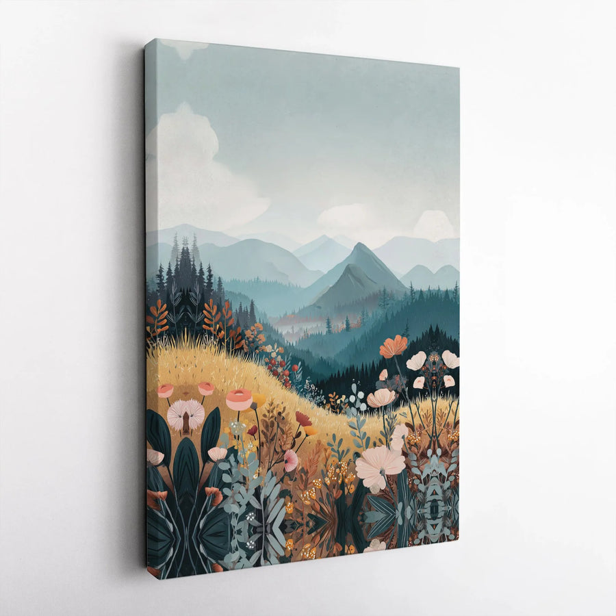 Mountain Wildflower Canvas Art | Misty Valley Landscape Print | 1.25-Inch Gallery Wrap | Premium Home Decor for Nature Lovers