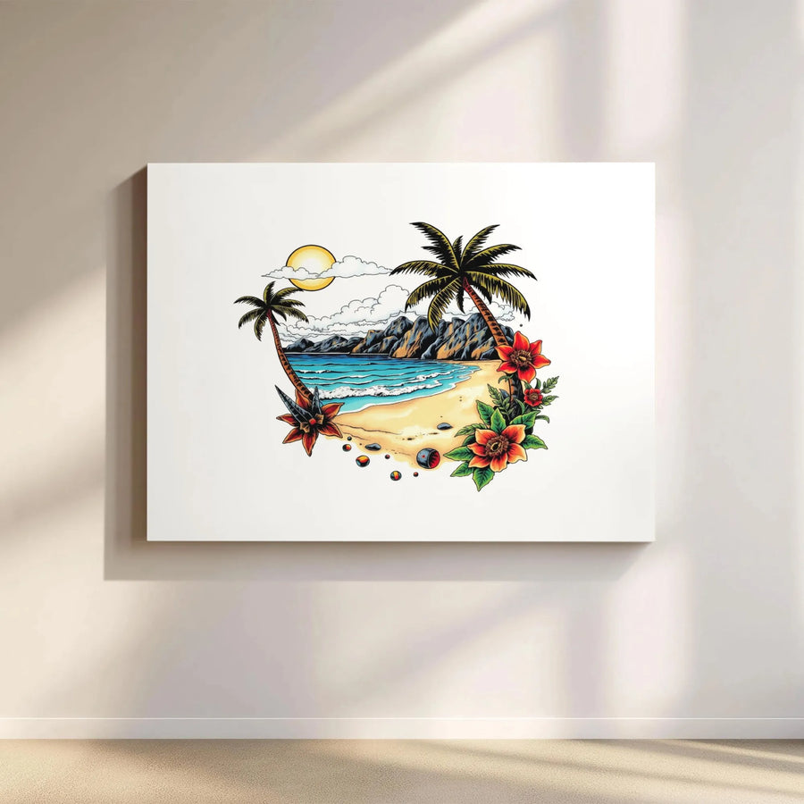Tropical Beach Canvas Wall Art | Traditional Tattoo Style Palm Tree Scene | Premium Fade-Resistant Print | Coastal Home Decor Gift