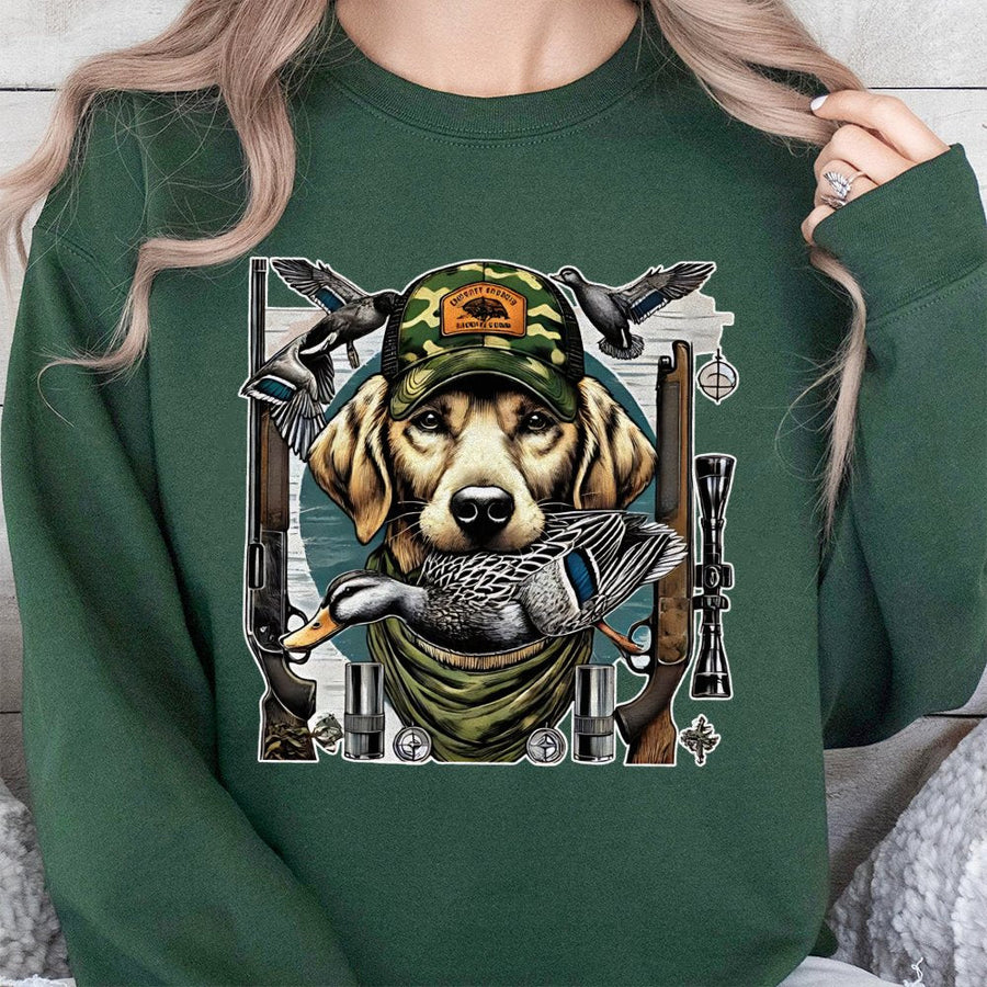Duck Hunting Sweatshirt | Labrador Retriever Retriever Camo Hat Design | Cotton Blend Premium Crewneck | Gift for Hunters and Dog Lovers