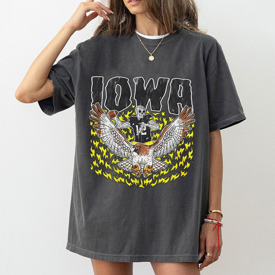 Iowa With A Skeleton Football Player Holding A Football And Riding A Hawk Surrounded By Flames T-Shirt