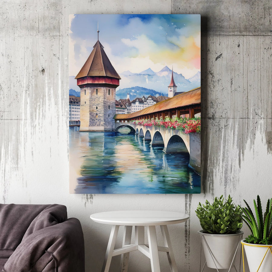 Lucerne Switzerland Canvas Wall Art | Watercolor Chapel Bridge Print | Premium Gallery Canvas | Swiss Home Decor Gift for Traveler