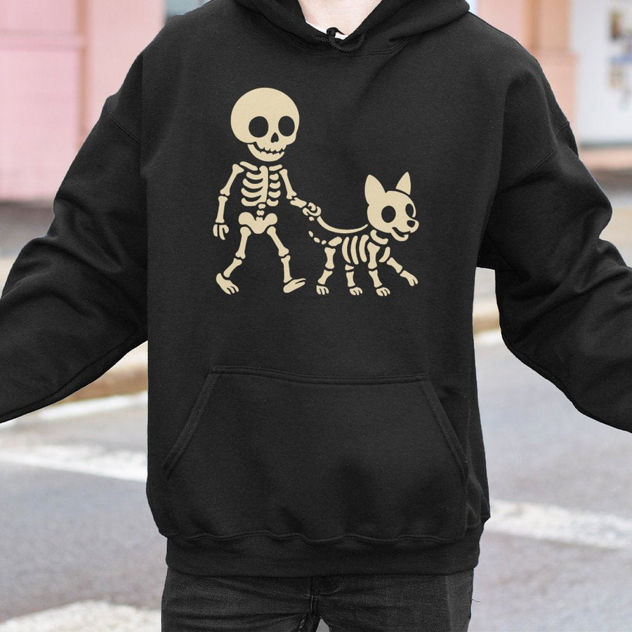 Skeleton Dog Walker Hoodie | Funny Spooky Skeleton Graphic Sweatshirt | Premium Cotton Blend | Halloween Gift For Dog Lovers