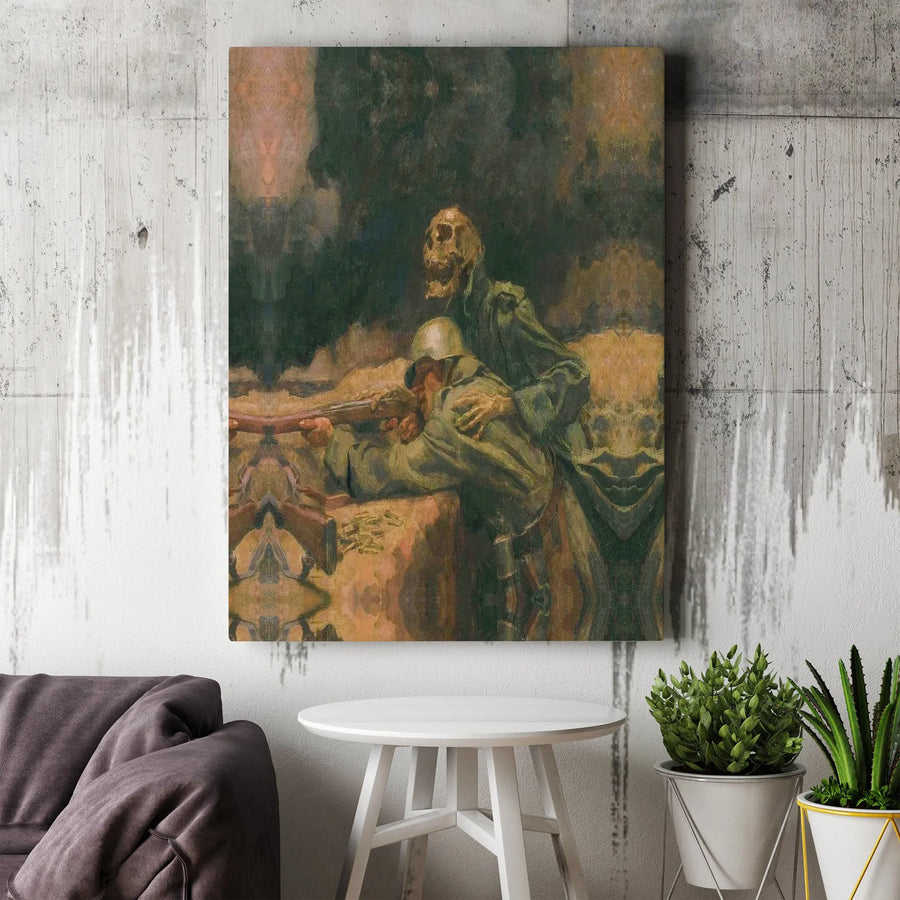 Soldier and Death Canvas Art | Vintage WW1 Trench Warfare Painting | Premium Thick Canvas Wall Decor | Gift for Military History Buff