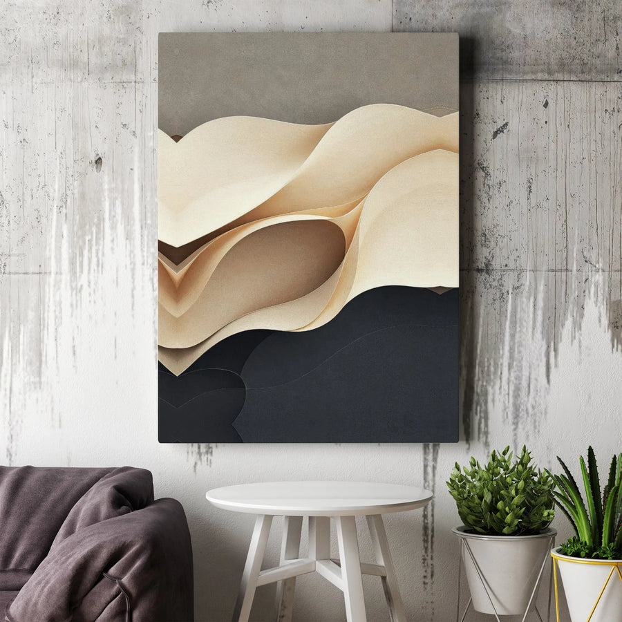 Abstract Layered Wave Canvas Wall Art | Beige and Black Minimalist Geometric Print | 1.25 Inch Gallery Wrap | Modern Home Office Decor