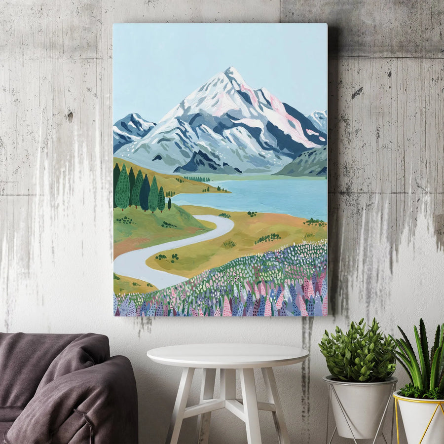 Mountain Landscape Canvas Wall Art | Painterly Alpine Lake & Wildflower Meadow | Premium Gallery-Wrapped Canvas | Living Room Decor Gift for Nature Lovers
