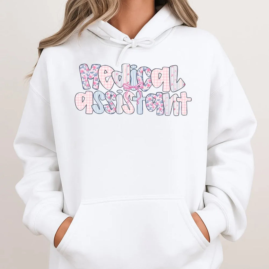 Medical Assistant Hoodie | Coquette Floral Pastel Design | Soft Cotton Blend Pullover | Gift for MA Grad & Healthcare Worker