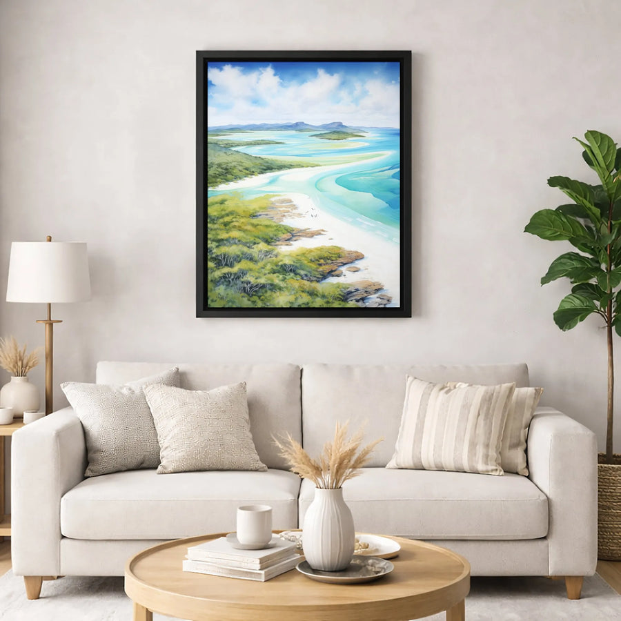 Whitehaven Beach Canvas Print | Whitsunday Islands Watercolor Art | Premium Gallery-Wrapped Wall Decor | Coastal Home Office Gift