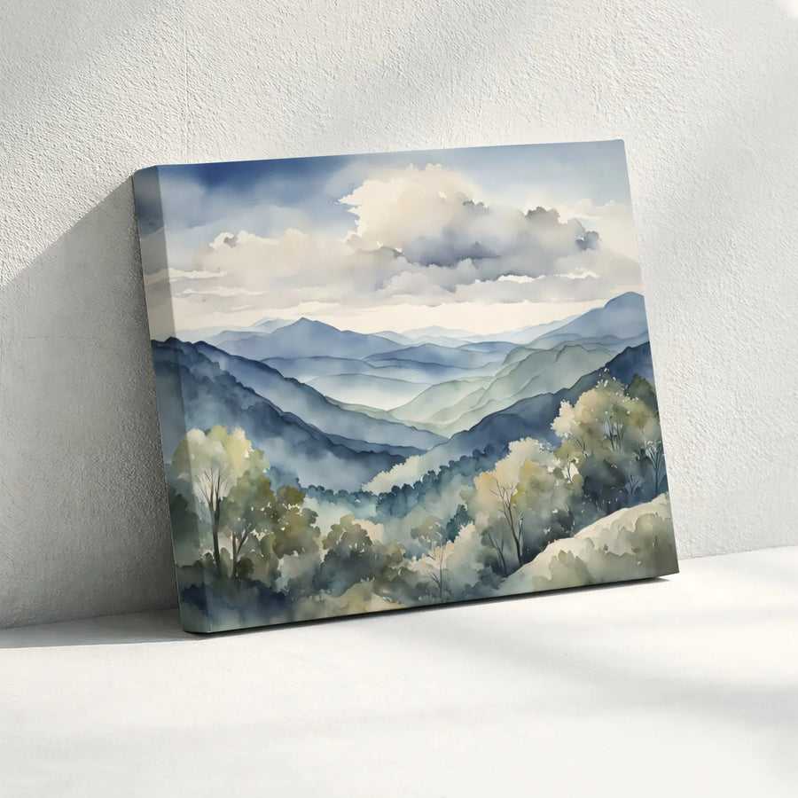 Misty Mountain Landscape Canvas Art | Watercolor Forest Wall Decor | Premium Fade-Resistant Gallery Wrap | Serene Nature Print Gift